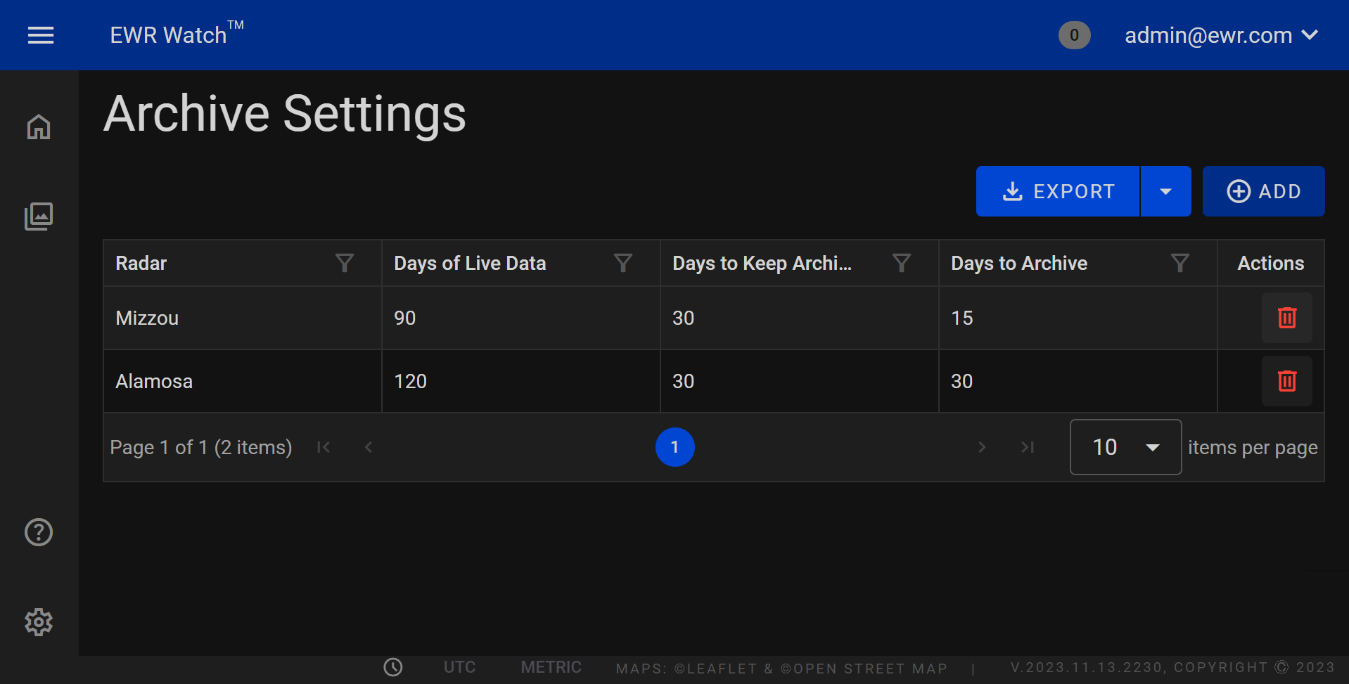 Archived Settings Grid